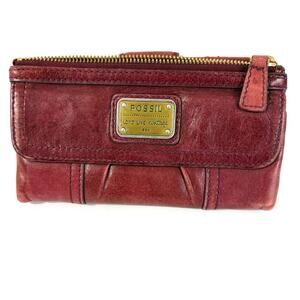 Vintage Fossil Emory Red Lamb Leather Wallet Clutch Envelope Zipper Multi-Pocket